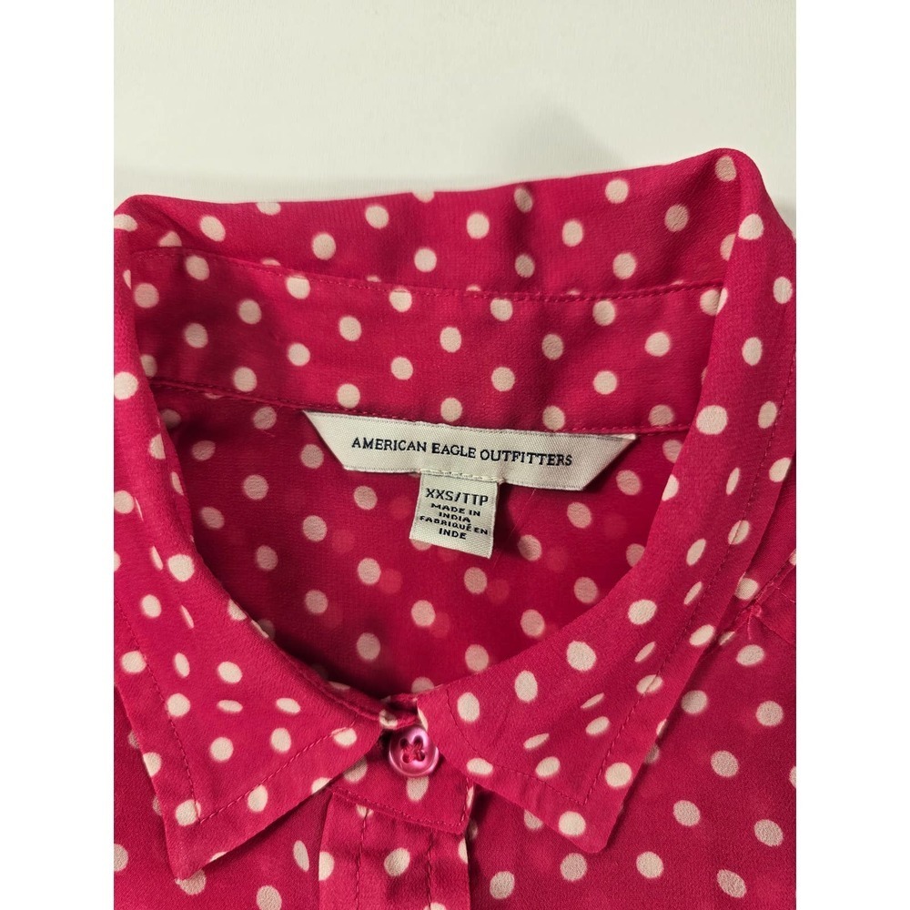 Pink and white polka dot long sleeve sheer button up size XXS ^ EUC - Picture 4 of 8